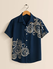 Men's Navy Blue Swirl Pattern - Printed Half Sleeve Shirt - XPST