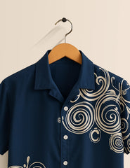Men's Navy Blue Swirl Pattern - Printed Half Sleeve Shirt - XPST