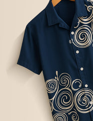 Men's Navy Blue Swirl Pattern - Printed Half Sleeve Shirt - XPST